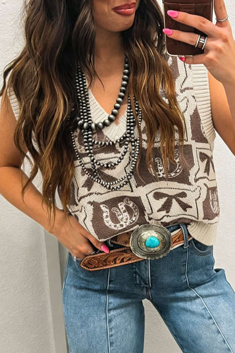 Brun Western Horseshoe Bow Printed V-hals Løs Genservest