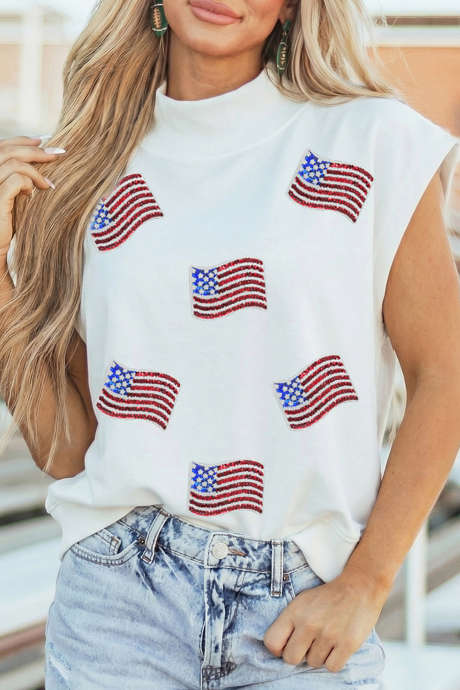 Hvit paljett-topp med amerikansk flagg og korte ermer LC25137904-P1
