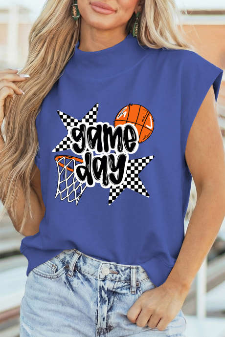 Himmelblå t-skjorte med høy hals og basketballmotiv for kampdag LC25137905-P205