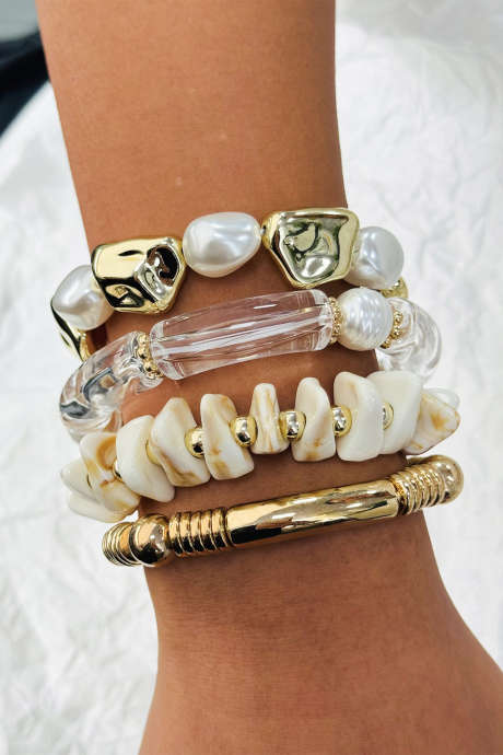 Sada 4 zlatých náramků s nepravidelnými kamennými korálky a perlami BH014822-P12