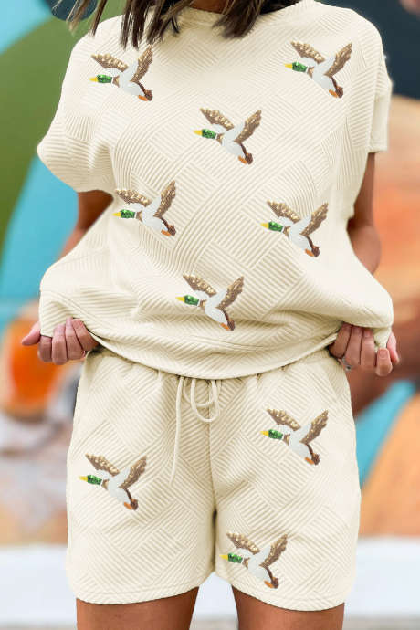 Apricot Stylish Textured Sequin Flying Mallard 2pcs Short Set LC629585-P18