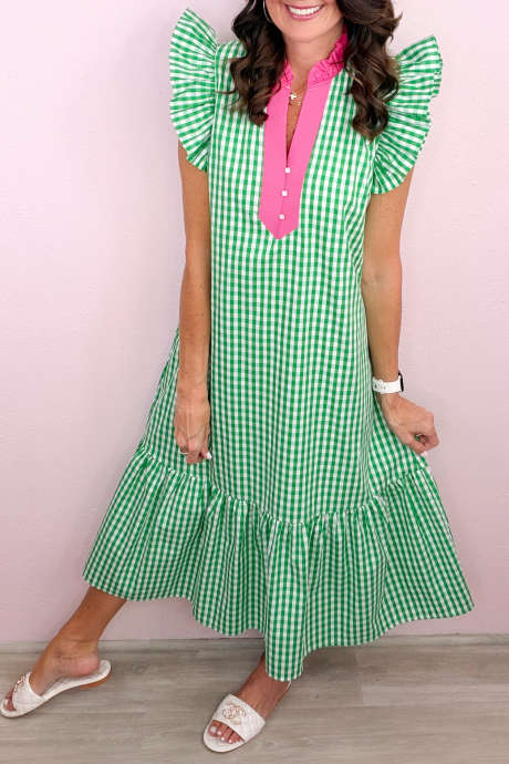 Lys grønn sommerlig fargeblokkert rutete midikjole
