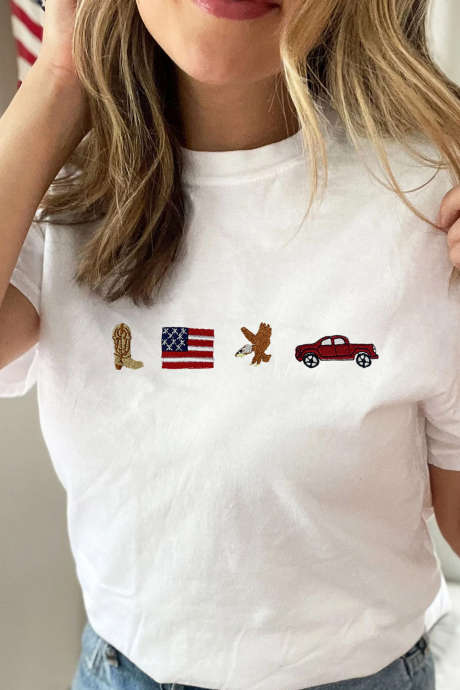 White American Icons Embroidered Casual T Shirt