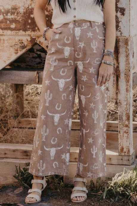 Khaki Retro Western Print Ankle-length Shift Jeans