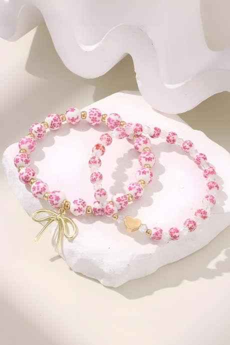 Sada 2 náramků s růžovou květinovou metalickou směsí korálků a mašlí ve tvaru srdce BH014796-P10