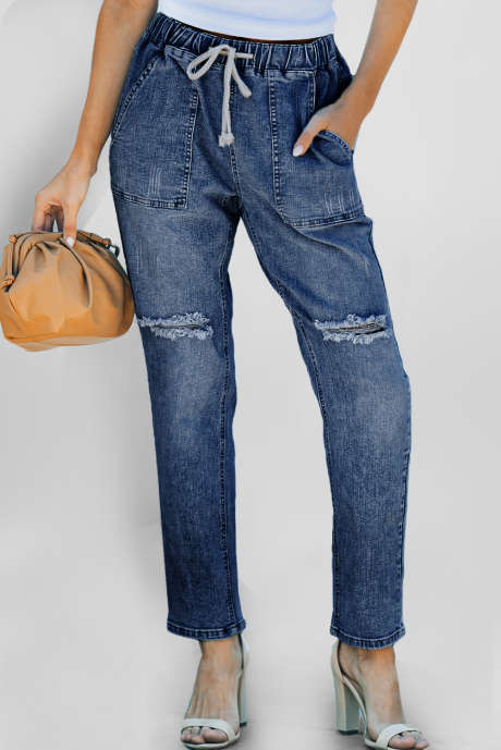 Mørkeblå rund denimjoggebukse med slitte lommer og rynkede detaljer LC786209-5