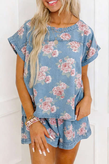 Sky Blue Retro Floral Print Cuffed Short Sleeve Top Loose Shorts 2pcs Denim Set