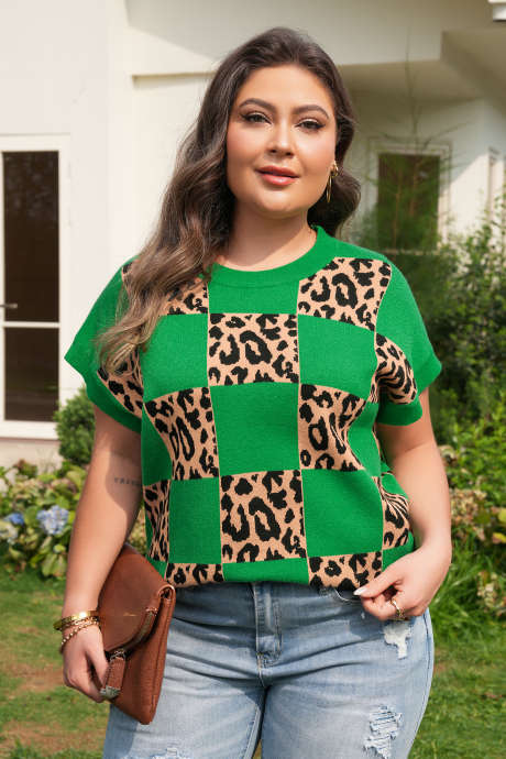 Grønn Plus Size Leopard Kontrastrutete Kortermet Genser