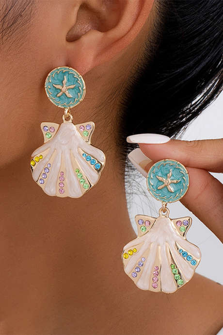 Gullfargede sjøstjerner med emalje og rhinsten, muslingskjell-øredråper BH014854-P12