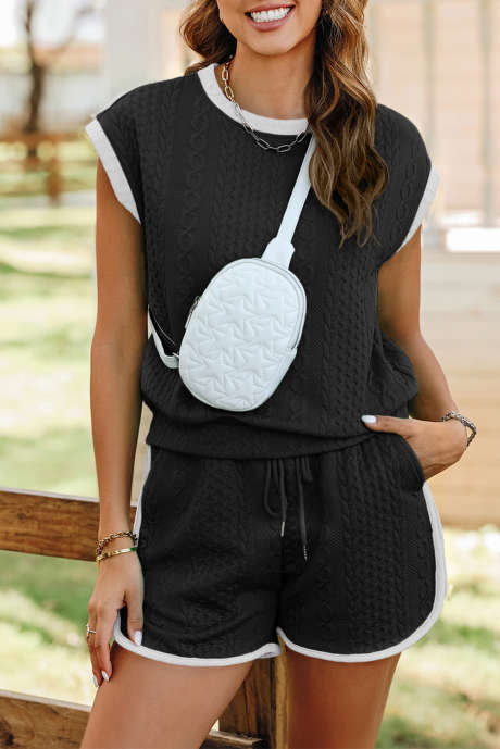 Černé kontrastní lemované texturované kraťasy s kabelkami LC626052-P2
