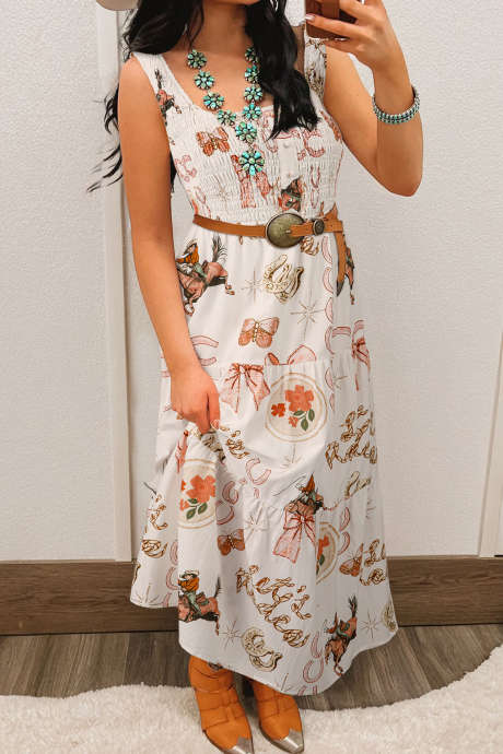 Hvit Western Horseshoes Printed U-hals Ermeløs Smocked Bodice Shift Midi-kjole