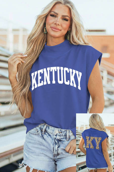 Himmelblå KENTUCKY Leopard KY Dobbeltsidet Trykt T-skjorte med Høy Hals