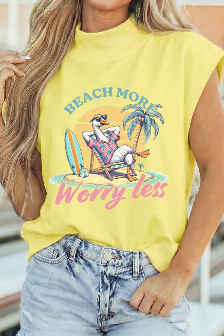 Gul Beach More Worry Less Graphic Mock Neck T-skjorte LC25137919-P7