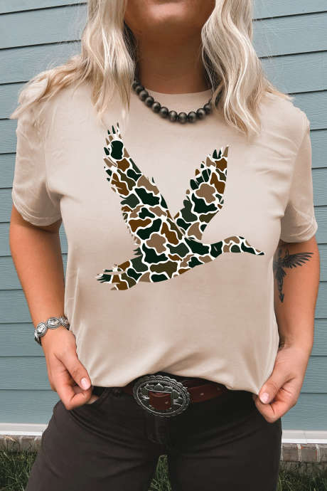 Letní ležérní tričko s potiskem létající kachny v khaki maskáčovém provedení LC25232031-16