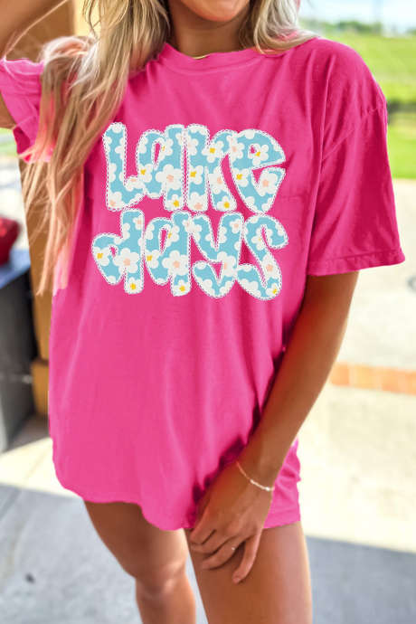 Rose Red LAKE DAYS Floral Lettering T Shirt LC25232037-P6