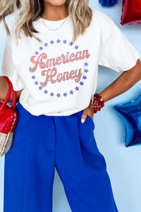 Hvit amerikansk honning-t-skjorte med rhinestone-grafikk