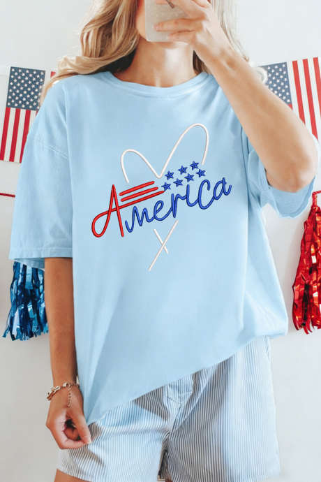 Light Blue Love America Embroidered Graphic Tee