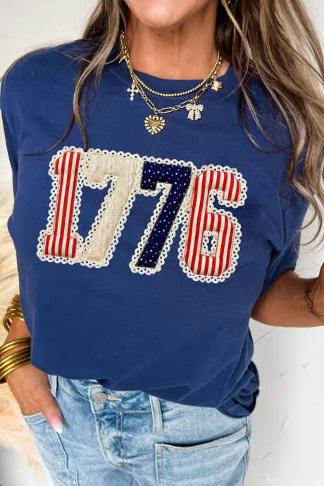 Blue 1776 Faux Patchwork Printed T Shirt