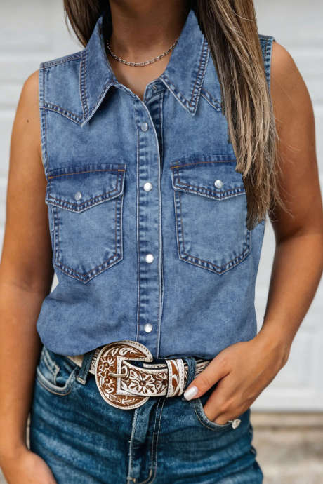 Dusk Blue Buttoned Front Collared Sleeveless Denim Vest