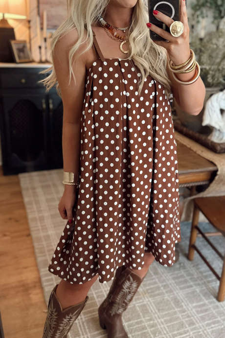Brown Adjustable Buckle Straps Polka Dot Pleated Mini Dress