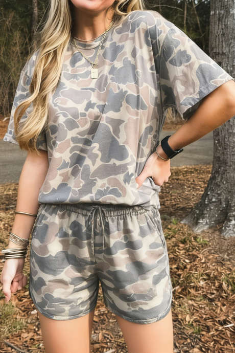 Multicolour Camouflage Loose Tee Drawstring Shorts 2pcs Outfit