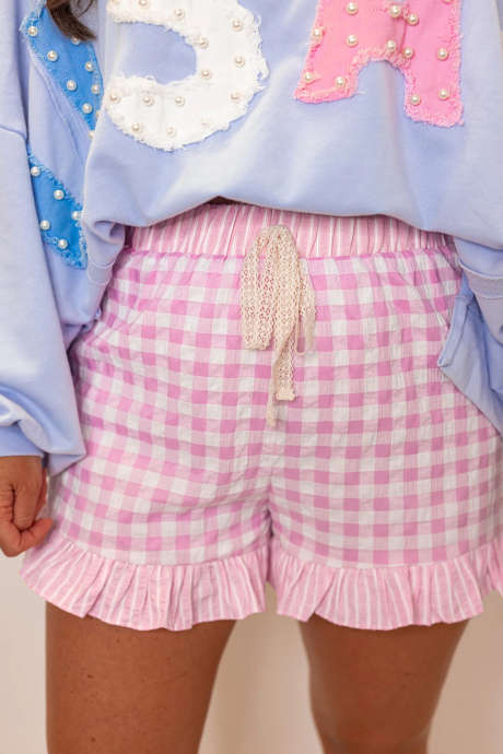 Pink Gingham Print Ruffle Striped Detail Lace Tie Shorts