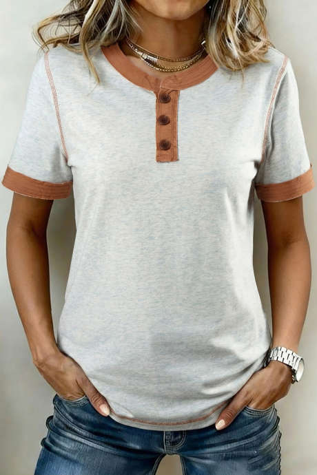 Light Grey Raw Seam Color Block Detail Buttoned Henley Tee
