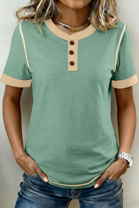 Mintgrønn Henley-t-skjorte med knapper og rå søm i fargeblokkdetaljer