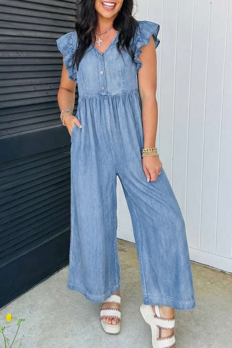 Ashleigh Blå Rysjet Kortermet Vide Ben Denim Jumpsuit