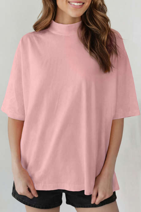 Tricou roz cu guler înalt, culoare solidă, supradimensionat, LC25231614-P10