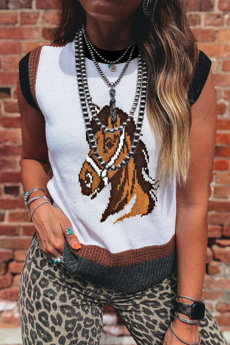 Witte Western trui met paardenhoofd en kleurblokaccenten