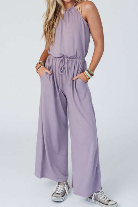 Orchid Petal Button Keyhole Sleeveless Drawstring Wide Leg Jumpsuit