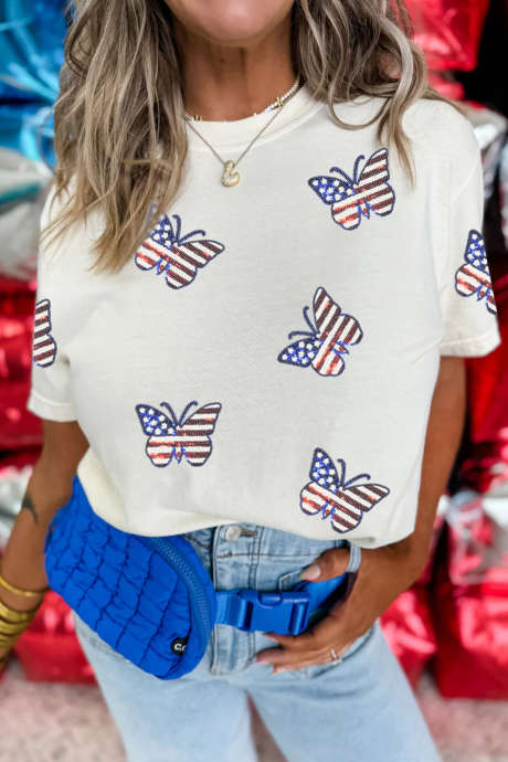 Hvit patriotisk paljett sommerfugl-t-skjorte med avslappet passform