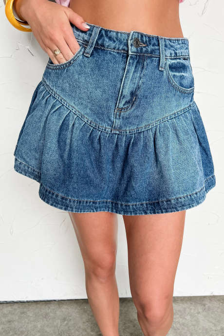 Ashleigh Blue Button Zip High Waist Ruffled Denim Mini Skirt
