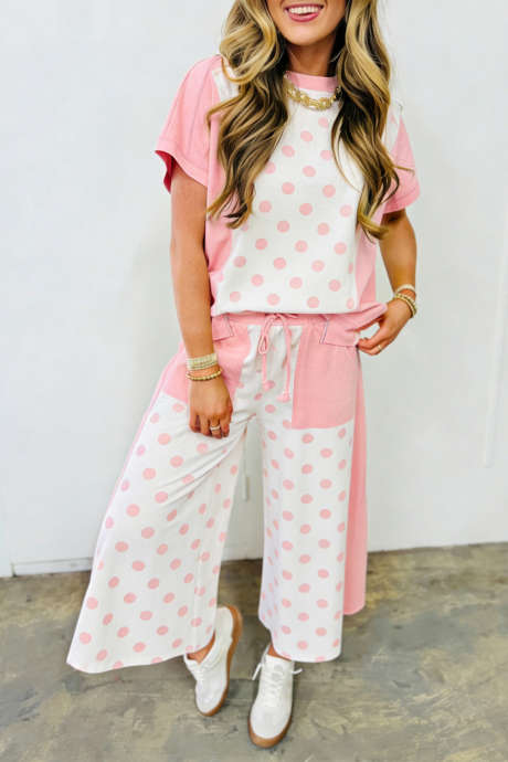 Rosa fargeblokk patchwork polkaprikkete vide benbuksesett