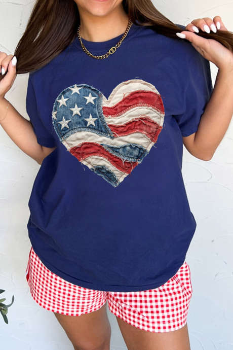 Blue Patriotic Denim Heart Graphic T-Shirt LC25232071-5