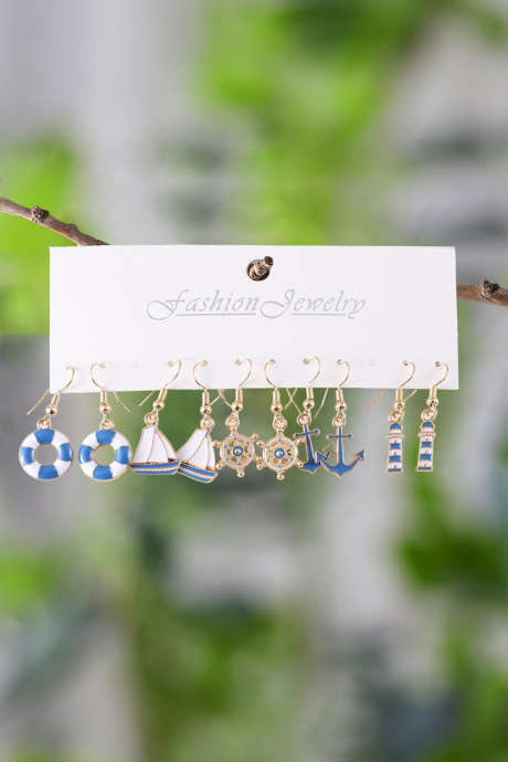 Gullfargede øredobber med åpen krok, nautiske emaljerte 5 par/sett