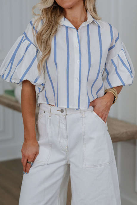Sky Blue Stripe Dropped Shoulder Puff Sleeve Cropped Shirt