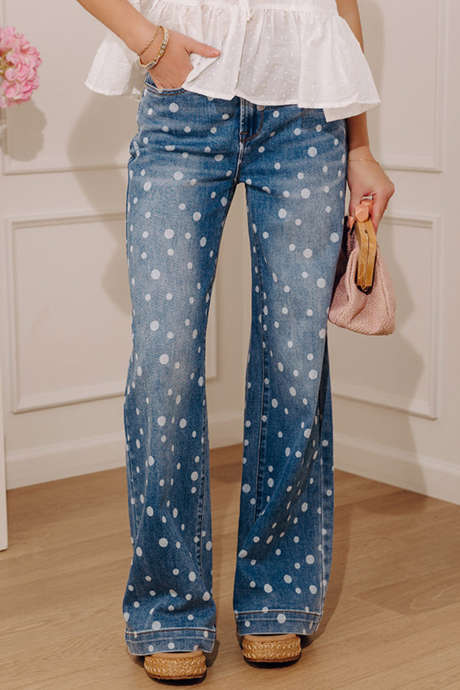 Blue Polka Dot Printed High Rise Shift Jeans