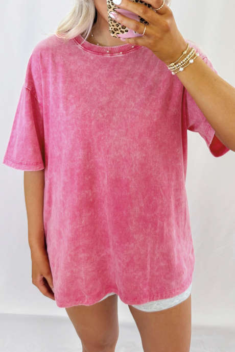 Růžovočervené tričko s minerálním praním a oversized vzorem LC25230213-P6