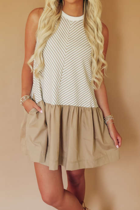 Khaki Stripe Sleeveless Contrast Ruffle Hem Patchwork Mini Dress