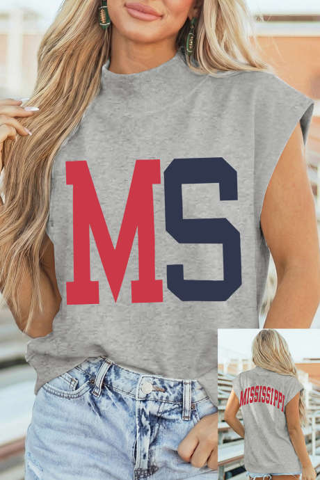 Lysegrå MS/MISSISSIPPI-t-skjorte med dobbeltsidig trykk og høy hals