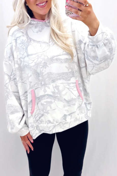 Sudadera con capucha de manga larga con estampado abstracto gris y bloques de color LC25320650-P1120