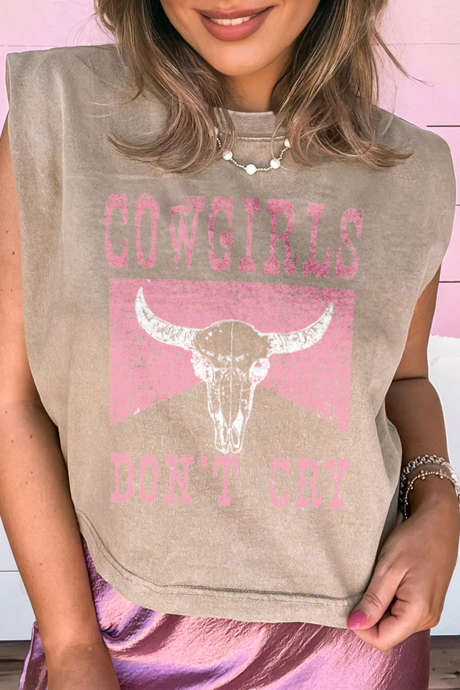 Camiseta sin mangas gris humo con estampado vaquero "COWGIRLS DONT CRY" y lavado mineral.