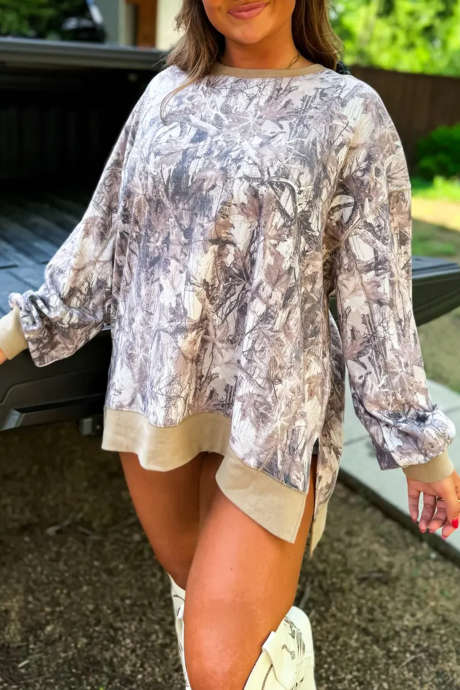 Khaki Abstract Camo Print Round Neck Long Sleeve Tunic Sweatshirt