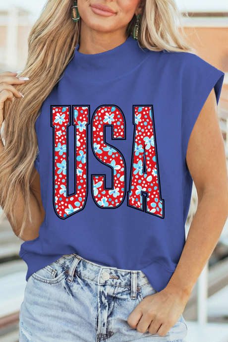 Himmelblå topp med korte ermer og blomstertrykk fra USA