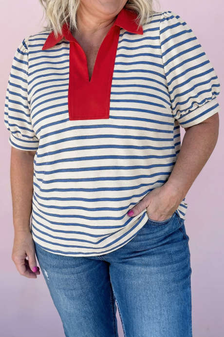 Blue Stripe Plus Short Puff Sleeve Color Block Polo Collar Blouse