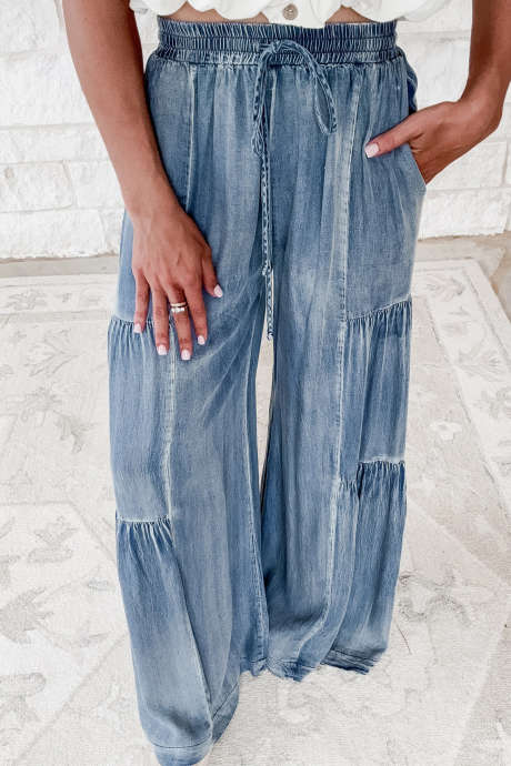 Dusk Blue Vintage Washed Ruffle Tiered Wide Leg Denim Pants
