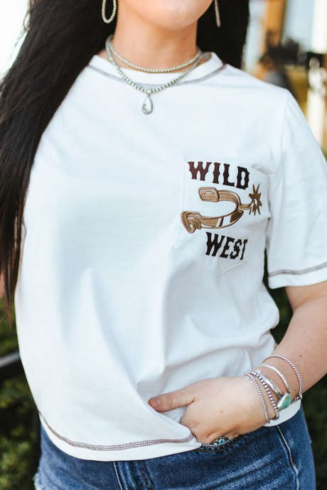 White Wild West Spur Pocket Short Sleeve Top