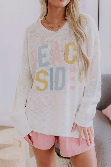 White BEACH SIDE Lettering Print V Neck Sheer Knit Sweater